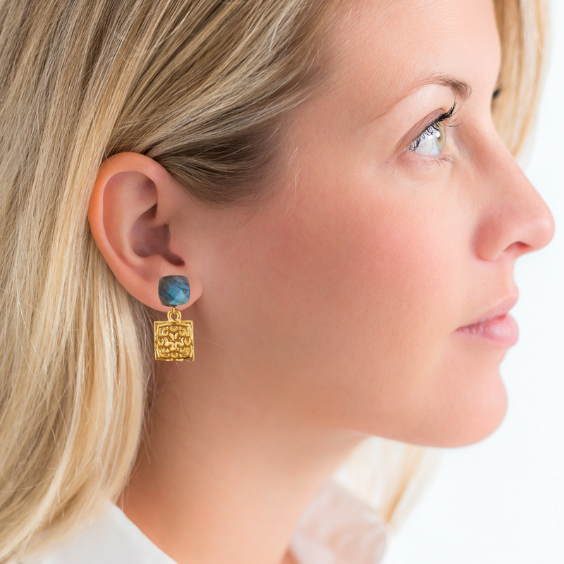 Halcyon & Hadley H Squared Drop Earrings with Faceted Labradorite - Women's Earrings - Women's Jewelry - Unique Earrings - Statement Earrings