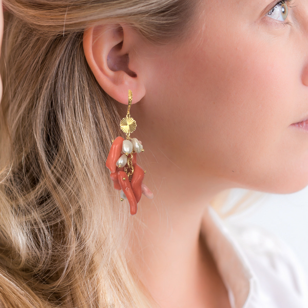Halcyon & Hadley Living Coral Cascade Statement Earrings with Pearls and Gold - Women's Earrings - Women's Jewelry - Unique Earrings - Statement Earrings
