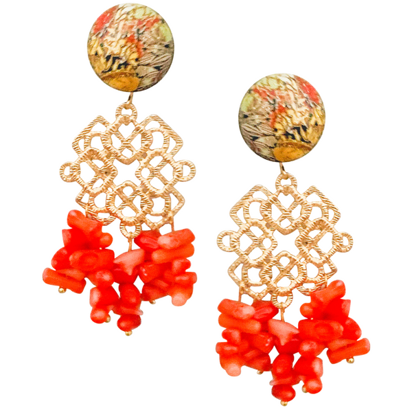 Halcyon & Hadley Indochine Statement Earrings with Natural Coral - Women's Earrings - Women's Jewelry - Unique Earrings - Statement Earrings