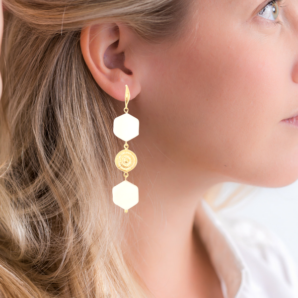 Halcyon & Hadley Mother of Pearl Shell Hexagon Statement Earrings - Women's Earrings - Women's Jewelry - Unique Earrings - Statement Earrings