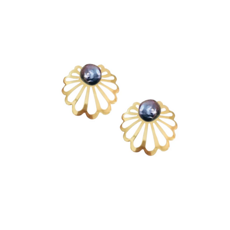 Halcyon & Hadley Art Deco Clamshell Studs with Peacock Blue Baroque Pearls - Women's Earrings - Women's Jewelry - Unique Earrings - Statement Earrings