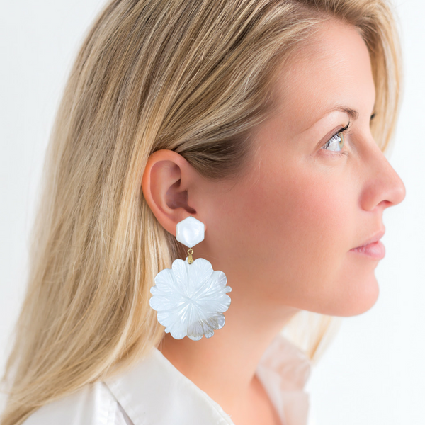 Halcyon & Hadley Mother of Pearl Gardenia Statement Earrings - Women's Earrings - Women's Jewelry - Unique Earrings - Statement Earrings