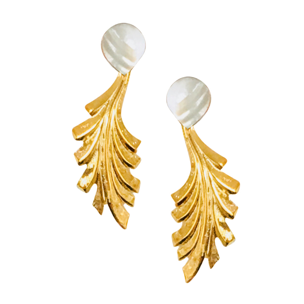 Halcyon & Hadley Mother of Pearl Gold Leaf Statement Earrings - Women's Earrings - Women's Jewelry - Unique Earrings - Statement Earrings