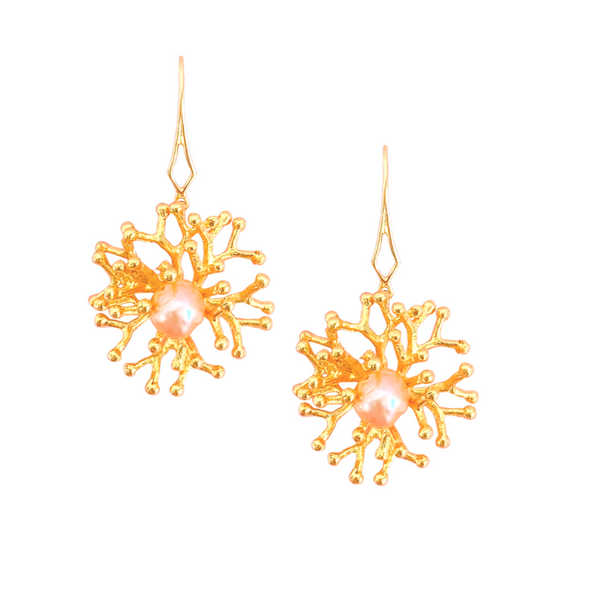 Halcyon & Hadley Gold-Filled Lace Coral Drop Earrings with Peach Freshwater Pearls - Women's Earrings - Women's Jewelry - Unique Earrings - Statement Earrings