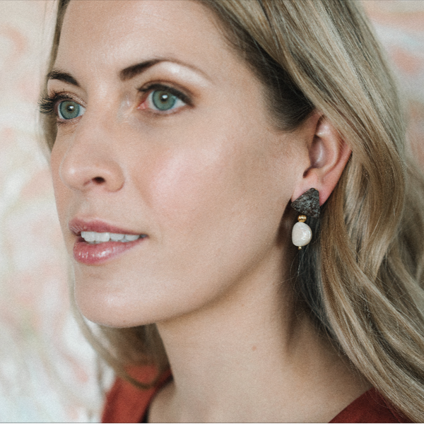 Halcyon & Hadley Triple Threat Statement Studs in Chocolate Snowflake Obsidian and Baroque Pearls - Women's Earrings - Women's Jewelry - Unique Earrings - Statement Earrings
