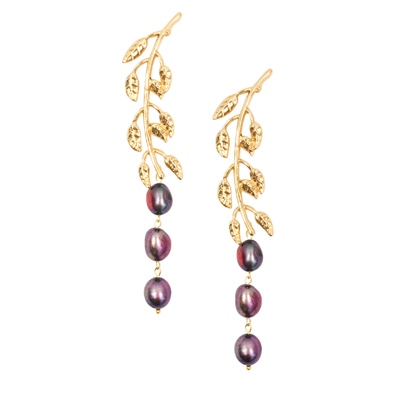 Halcyon & Hadley Leaf Linear Earrings with Mauve Freshwater Pearls - Women's Earrings - Women's Jewelry - Unique Earrings - Statement Earrings