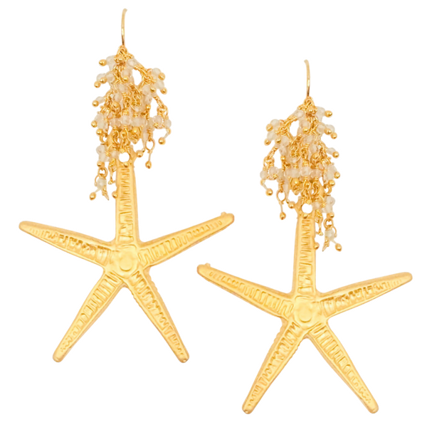 Halcyon & Hadley Sandy Starfish Statement Earrings in Matte Gold and Crystal Quartz - Women's Earrings - Women's Jewelry - Unique Earrings - Statement Earrings