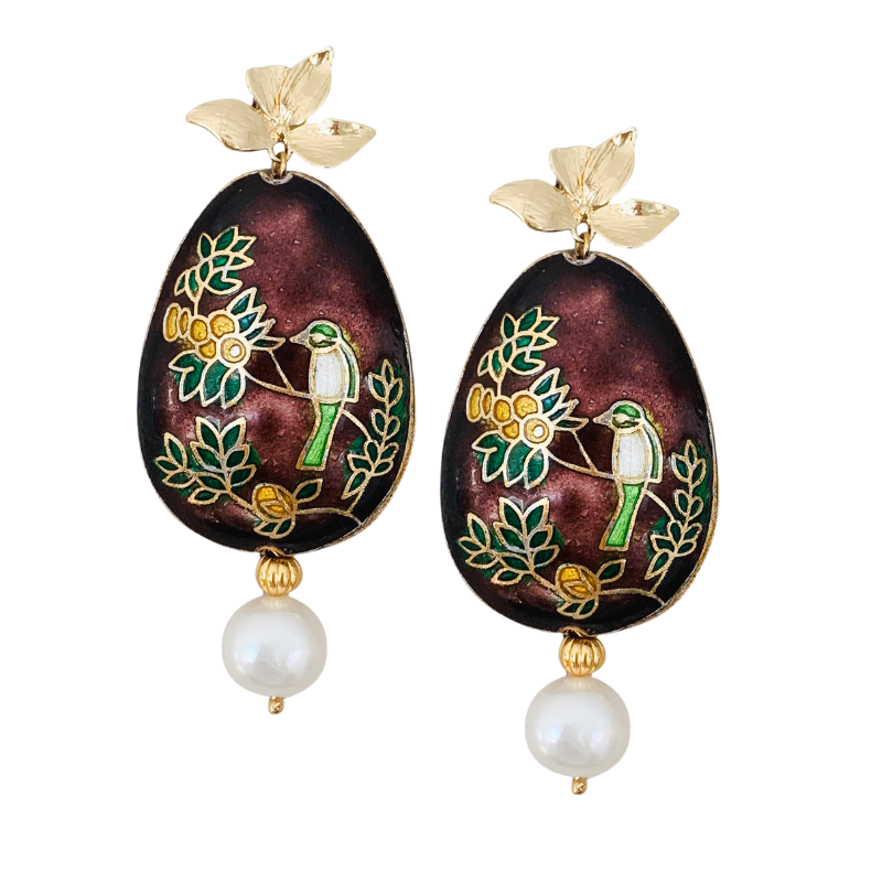 Halcyon & Hadley Limoncello Cloisonné Statement Earrings with Ivory Freshwater Pearls - Women's Earrings - Women's Jewelry - Unique Earrings - Statement Earrings