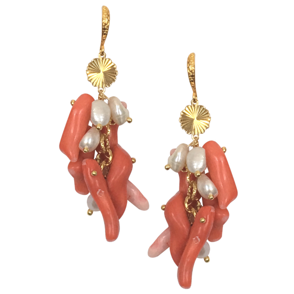 Halcyon & Hadley Living Coral Cascade Statement Earrings with Pearls and Gold - Women's Earrings - Women's Jewelry - Unique Earrings - Statement Earrings