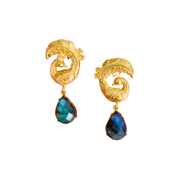 Halcyon & Hadley Golden Peacock Statement Studs with Labradorite - Women's Earrings - Women's Jewelry - Unique Earrings - Statement Earrings