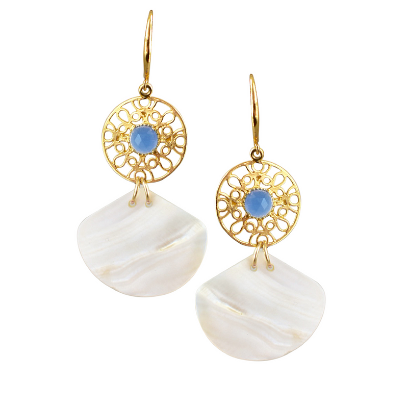 Halcyon & Hadley Ah Oui Cannes Blue Chalcedony & Shell Drop Earrings - Women's Earrings - Women's Jewelry - Unique Earrings - Statement Earrings