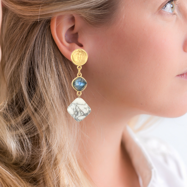 Halcyon & Hadley Gold, Labradorite & Howlite Guvano Goddess Statement Earrings - Women's Earrings - Women's Jewelry - Unique Earrings - Statement Earrings