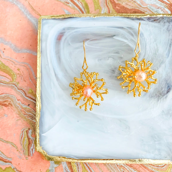 Halcyon & Hadley Gold-Filled Lace Coral Drop Earrings with Peach Freshwater Pearls - Women's Earrings - Women's Jewelry - Unique Earrings - Statement Earrings