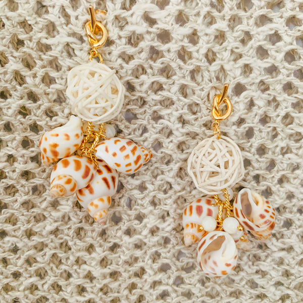 Halcyon & Hadley Calanques Statement Earrings with Babylon Shells and Rattan Poms - Women's Earrings - Women's Jewelry - Unique Earrings - Statement Earrings