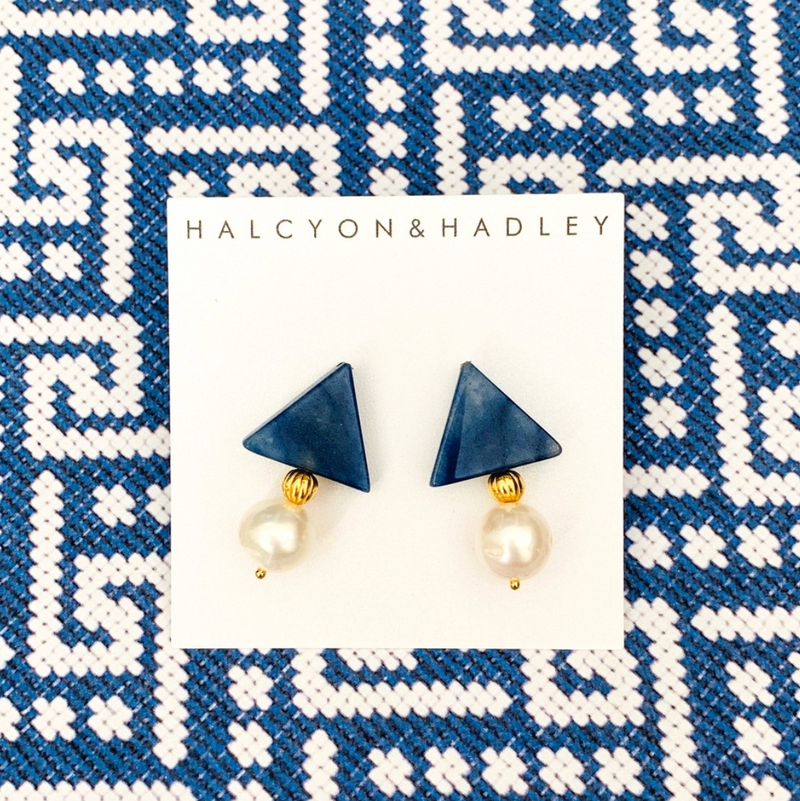 Triple Threat Statement Studs in Blue Aventurine and Ivory Baroque Pearls