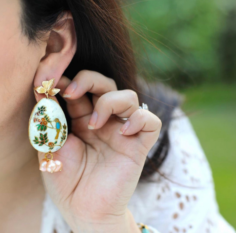 Orangerie Cloisonné Statement Earrings with Peach Freshwater Pearls