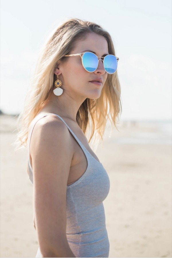 Halcyon & Hadley Ah Oui Cannes Blue Chalcedony & Shell Drop Earrings - Women's Earrings - Women's Jewelry - Unique Earrings - Statement Earrings