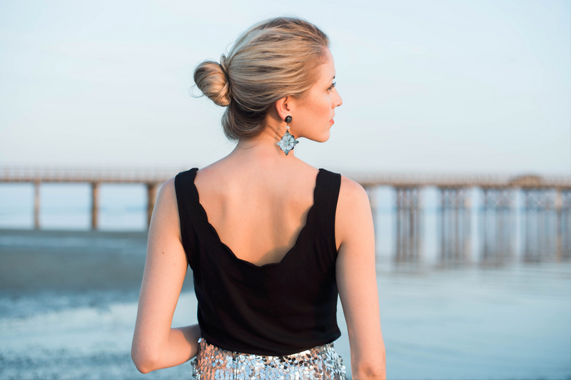 Halcyon & Hadley Midnight Swim Statement Earrings with Black Lip Mother of Pearl and Rainbow Moonstone Discs - Women's Earrings - Women's Jewelry - Unique Earrings - Statement Earrings