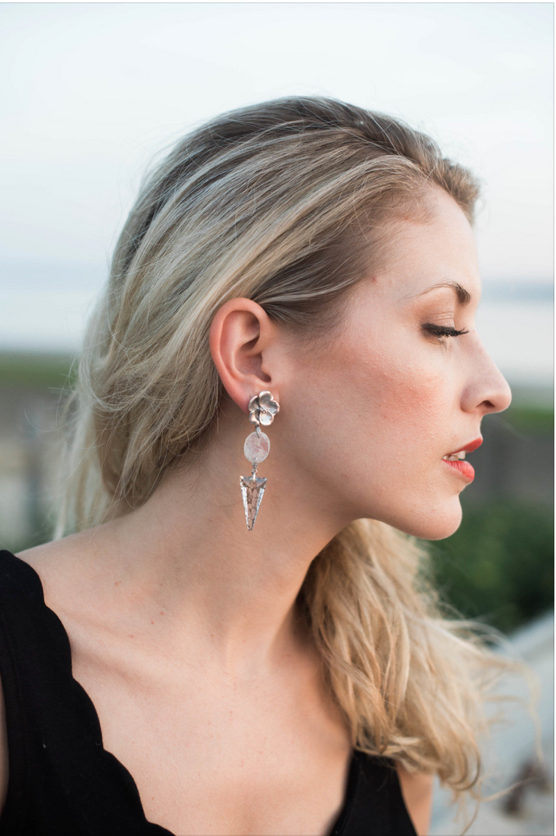 Halcyon & Hadley Blossom Statement Earrings in Rainbow Moonstone & Silver - Women's Earrings - Women's Jewelry - Unique Earrings - Statement Earrings