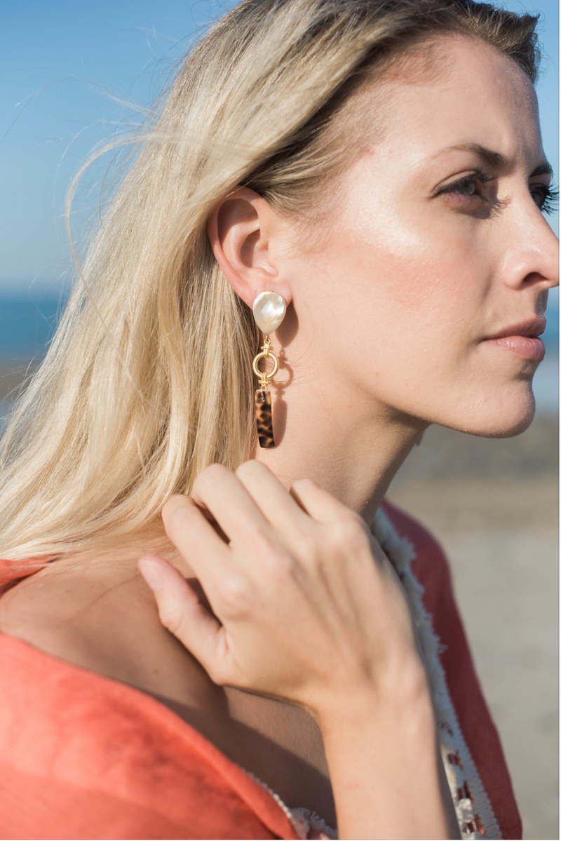 Halcyon & Hadley Nauti Girl Mother of Pearl and Tiger Cowrie Shell Statement Earrings - Women's Earrings - Women's Jewelry - Unique Earrings - Statement Earrings