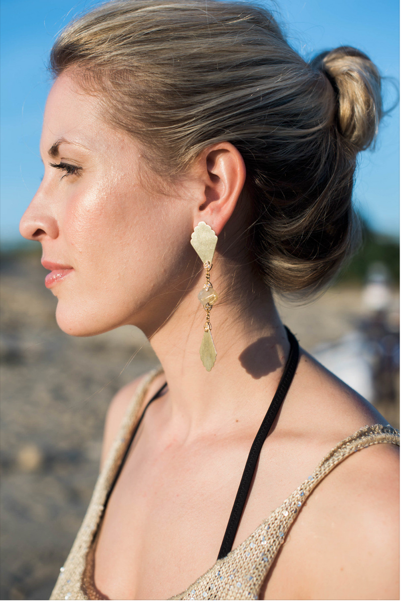 Halcyon & Hadley Art Deco Fan Statement Earrings with Gold Rutilated Quartz and Pave Leaves - Women's Earrings - Women's Jewelry - Unique Earrings - Statement Earrings