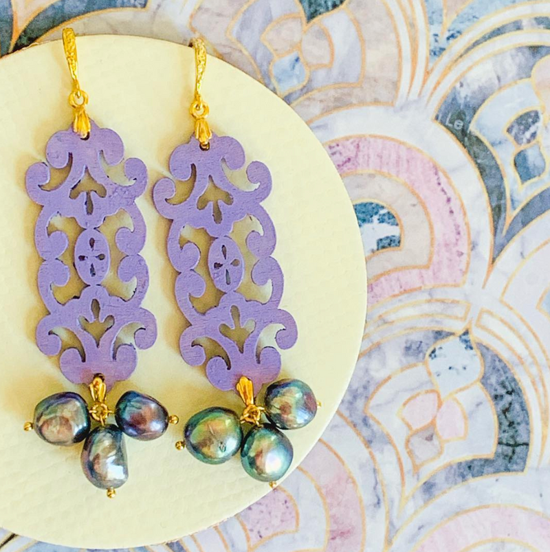 Halcyon & Hadley Imperial Ultra Violet Statement Earrings with Peacock Pearls - Women's Earrings - Women's Jewelry - Unique Earrings - Statement Earrings