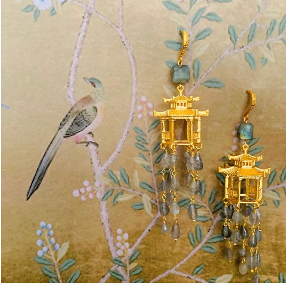 Halcyon & Hadley Chinois Chalet Statement Earrings in Labradorite and Gold - Women's Earrings - Women's Jewelry - Unique Earrings - Statement Earrings