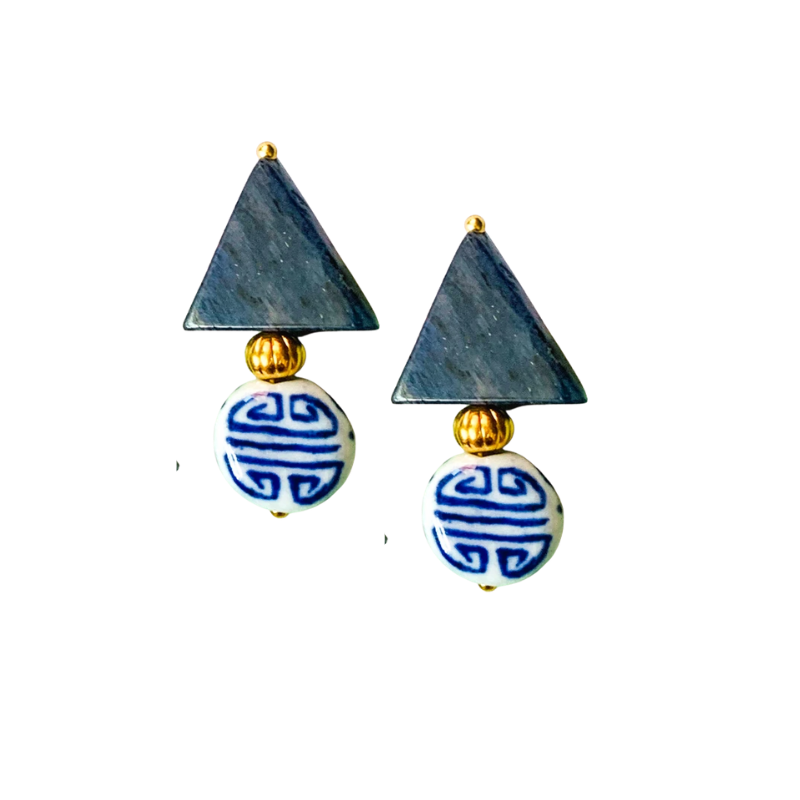 Triple Threat Statement Stud Earrings with Blue Aventurine and Chinoiserie Porcelain