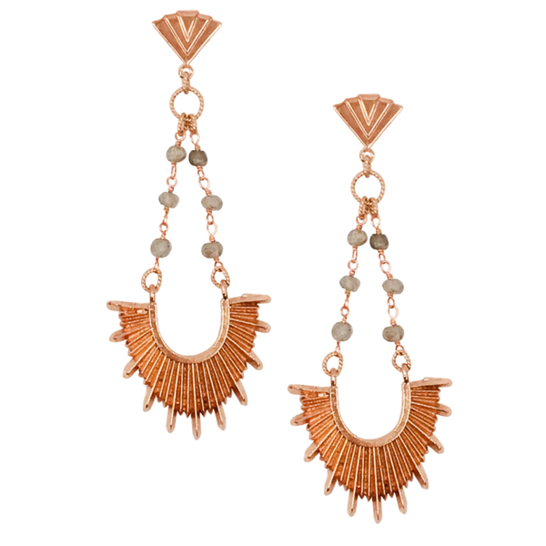 Halcyon & Hadley Paris 1925 Art Deco Sunburst Statement Earrings in Rose Gold and Labradorite - Women's Earrings - Women's Jewelry - Unique Earrings - Statement Earrings