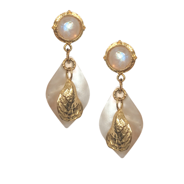 Halcyon & Hadley Duxbury Beach Statement Earrings with Moonstones, Mother of Pearl and Gold Oysters - Women's Earrings - Women's Jewelry - Unique Earrings - Statement Earrings
