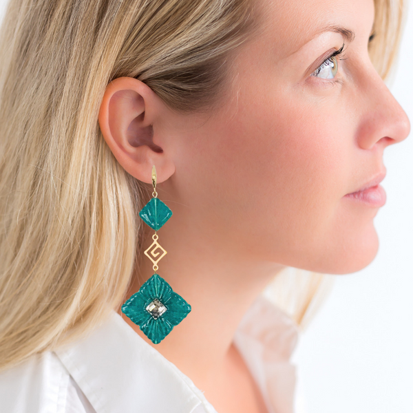 Halcyon & Hadley Greek Key Art Deco Statement Earrings in Emerald Green & Gold - Women's Earrings - Women's Jewelry - Unique Earrings - Statement Earrings
