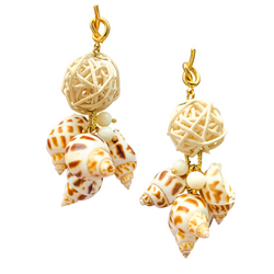 Halcyon & Hadley Calanques Statement Earrings with Babylon Shells and Rattan Poms - Women's Earrings - Women's Jewelry - Unique Earrings - Statement Earrings