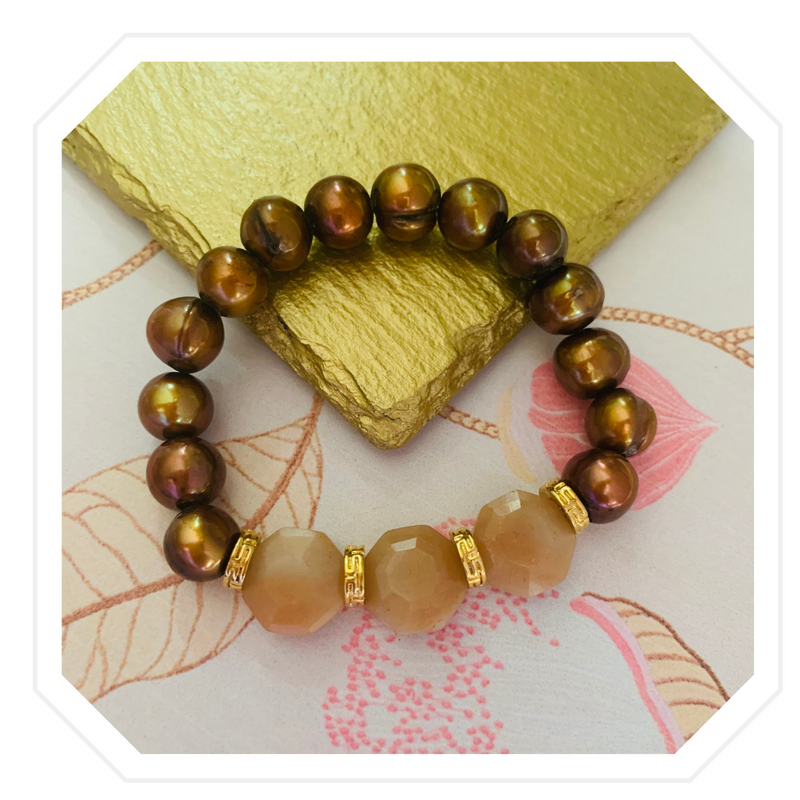 Bronzed Bracelet with Aventurine and Baroque Pearls