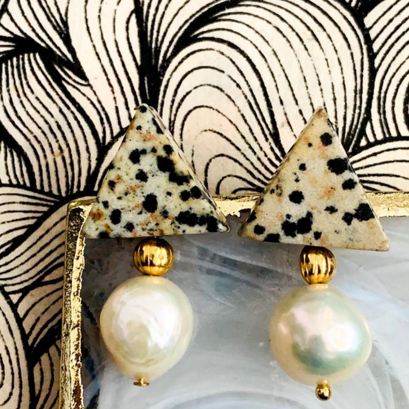Triple Threat Statement Studs in Dalmatian Jasper and Baroque Pearls