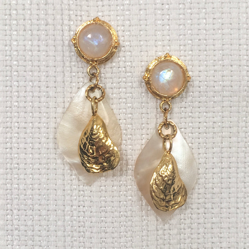 Halcyon & Hadley Duxbury Beach Statement Earrings with Moonstones, Mother of Pearl and Gold Oysters - Women's Earrings - Women's Jewelry - Unique Earrings - Statement Earrings