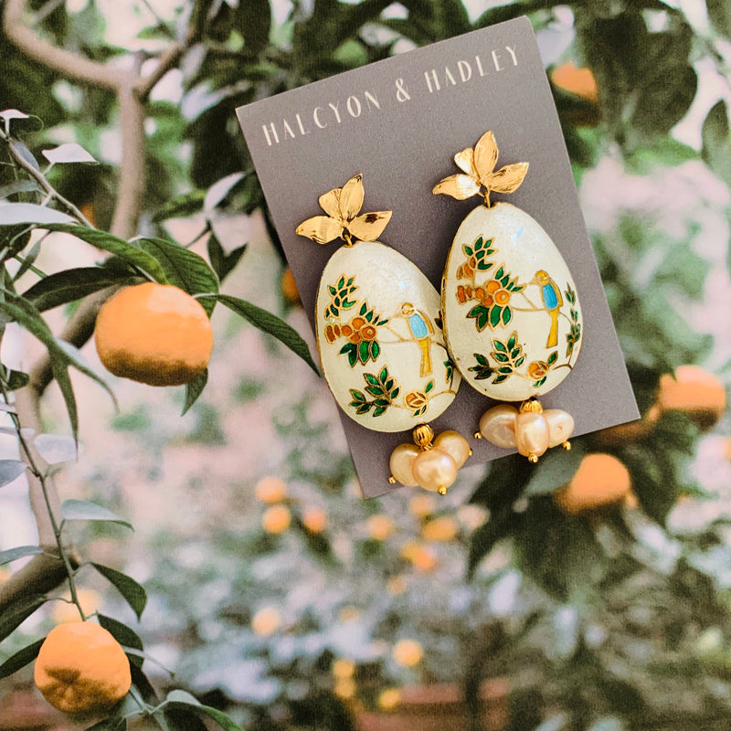 Halcyon & Hadley Orangerie Cloisonné Statement Earrings with Peach Freshwater Pearls - Women's Earrings - Women's Jewelry - Unique Earrings - Statement Earrings