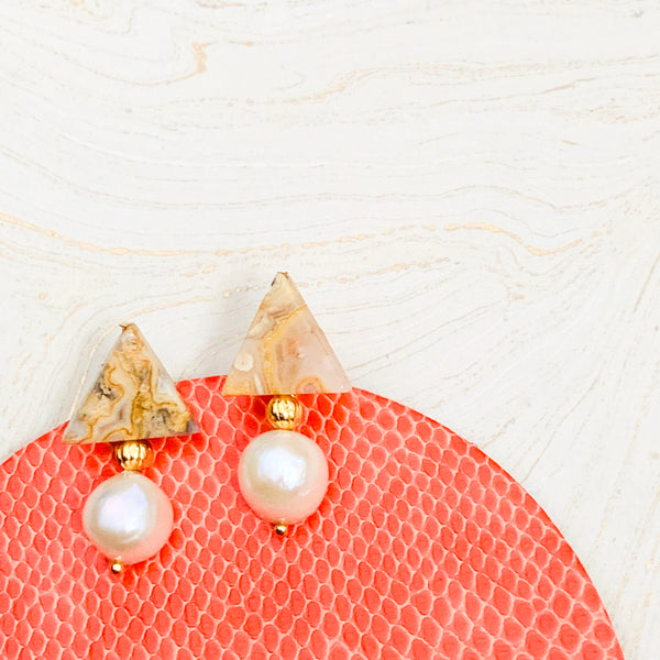 Halcyon & Hadley Triple Threat Statement Studs in Crazy Lace Agate and Ivory Baroque Pearls - Women's Earrings - Women's Jewelry - Unique Earrings - Statement Earrings