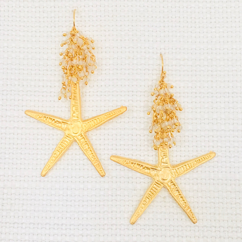 Halcyon & Hadley Sandy Starfish Statement Earrings in Matte Gold and Crystal Quartz - Women's Earrings - Women's Jewelry - Unique Earrings - Statement Earrings