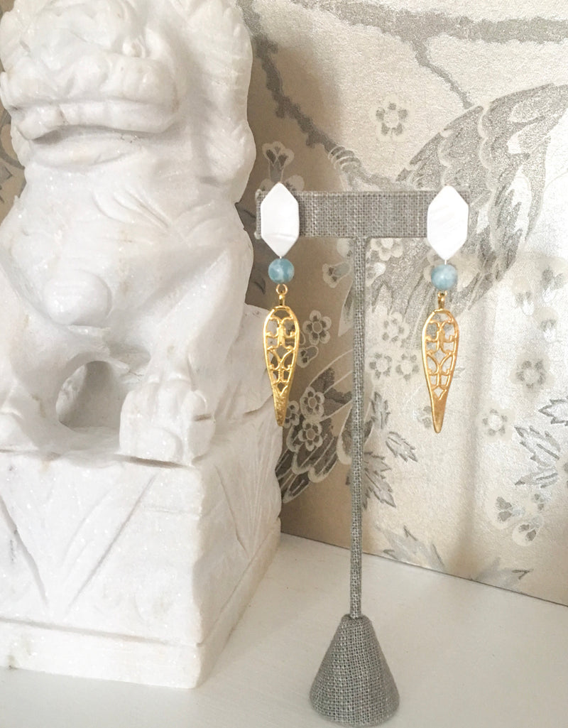 Halcyon & Hadley Geisha Fretwork Earrings in Larimar and Mother of Pearl Shell - Women's Earrings - Women's Jewelry - Unique Earrings - Statement Earrings