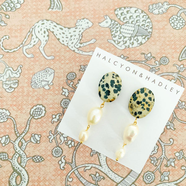Halcyon & Hadley Jasper and Baroque Pearl Drop Earrings - Women's Earrings - Women's Jewelry - Unique Earrings - Statement Earrings