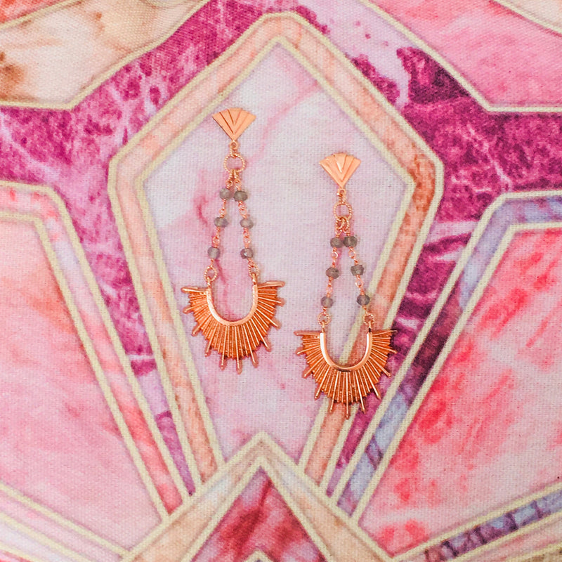 Halcyon & Hadley Paris 1925 Art Deco Sunburst Statement Earrings in Rose Gold and Labradorite - Women's Earrings - Women's Jewelry - Unique Earrings - Statement Earrings