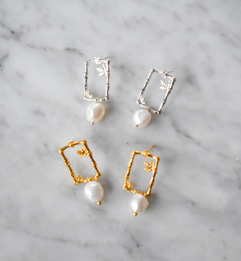 Halcyon & Hadley Baby Bamboo and Pearl Statement Studs - Women's Earrings - Women's Jewelry - Unique Earrings - Statement Earrings