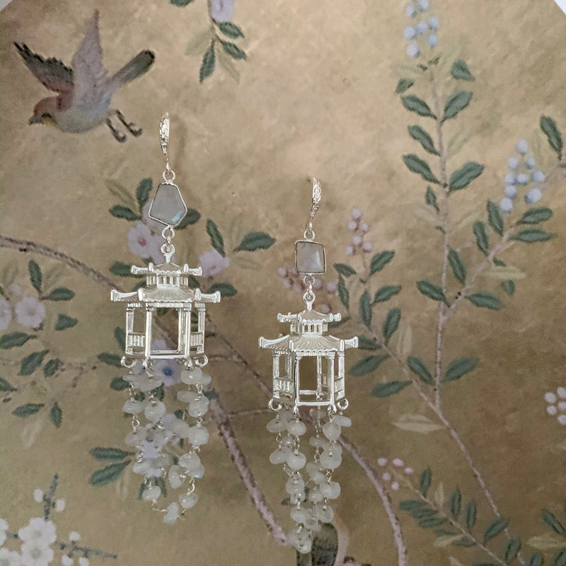 Halcyon & Hadley Chinois Chalet Statement Earrings in Silver with Rainbow Moonstones - Women's Earrings - Women's Jewelry - Unique Earrings - Statement Earrings