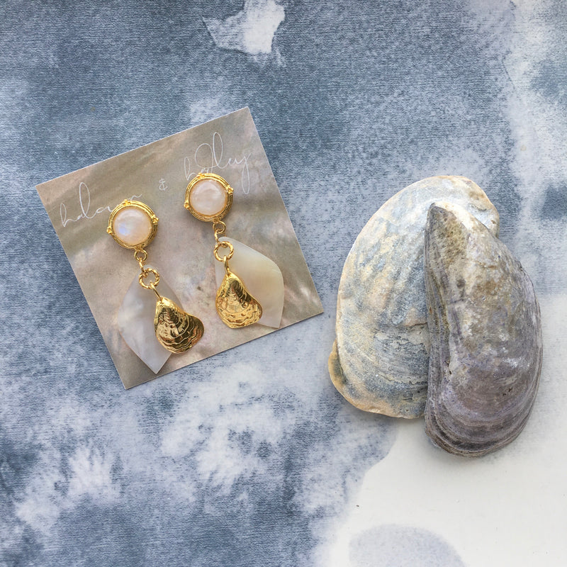 Halcyon & Hadley Duxbury Beach Statement Earrings with Moonstones, Mother of Pearl and Gold Oysters - Women's Earrings - Women's Jewelry - Unique Earrings - Statement Earrings