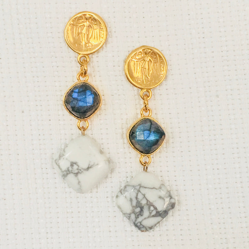 Halcyon & Hadley Gold, Labradorite & Howlite Guvano Goddess Statement Earrings - Women's Earrings - Women's Jewelry - Unique Earrings - Statement Earrings