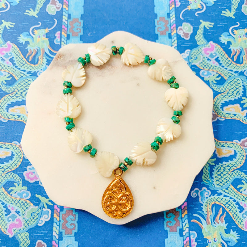 Halcyon & Hadley Monstera Bracelet with Carved Mother of Pearl and African Turquoise - Women's Earrings - Women's Jewelry - Unique Earrings - Statement Earrings