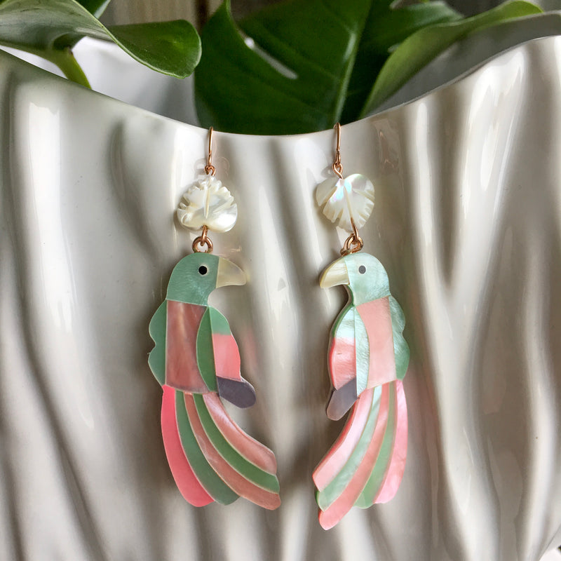 Halcyon & Hadley Toucan Statement Earrings in Pink and Green Mother of Pearl Shell Mosaic - Women's Earrings - Women's Jewelry - Unique Earrings - Statement Earrings