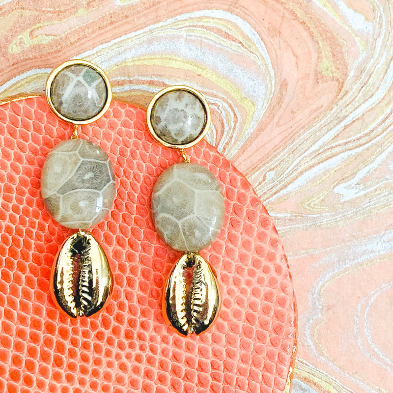 Halcyon & Hadley Fossil Coral Statement Earrings with Gold Cowrie Shells - Women's Earrings - Women's Jewelry - Unique Earrings - Statement Earrings
