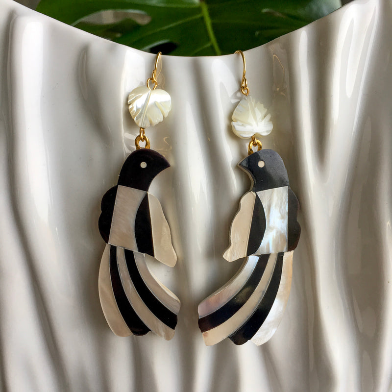 Halcyon & Hadley Toucan Statement Earrings in Black and Ivory Mother of Pearl Shell Mosaic - Women's Earrings - Women's Jewelry - Unique Earrings - Statement Earrings