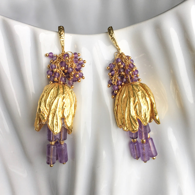 Halcyon & Hadley Viridiflora Tulip Statement Earrings in Amethyst and Gold - Women's Earrings - Women's Jewelry - Unique Earrings - Statement Earrings